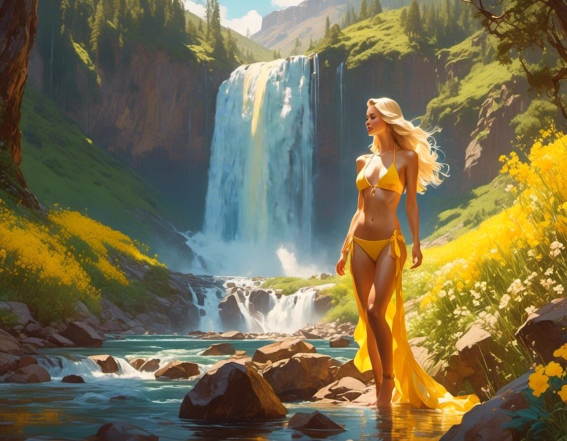 On her challenge day off Julie's packed a load of autumn defying yellow swimwear for a woodland dip