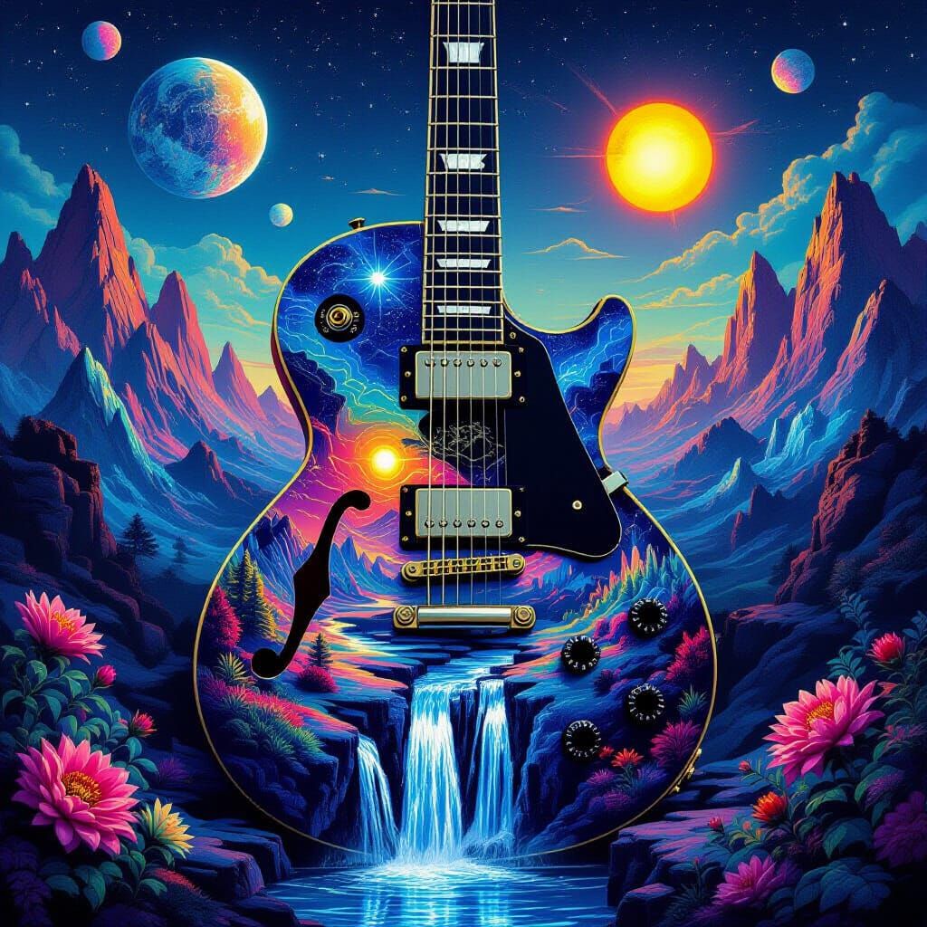 Surreal Alien Landscape Guitar in Neon Colors