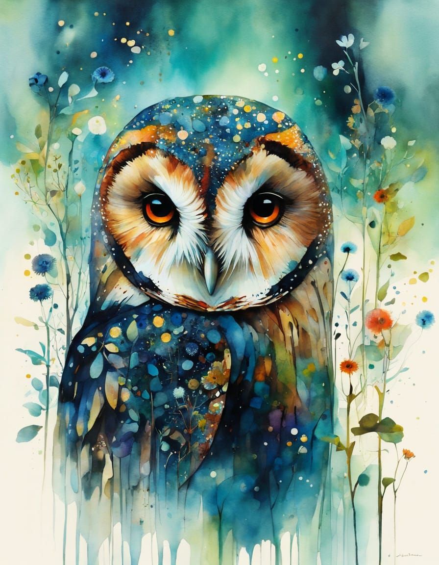 Surreal Whimsical Watercolour Barn Owl in Forest