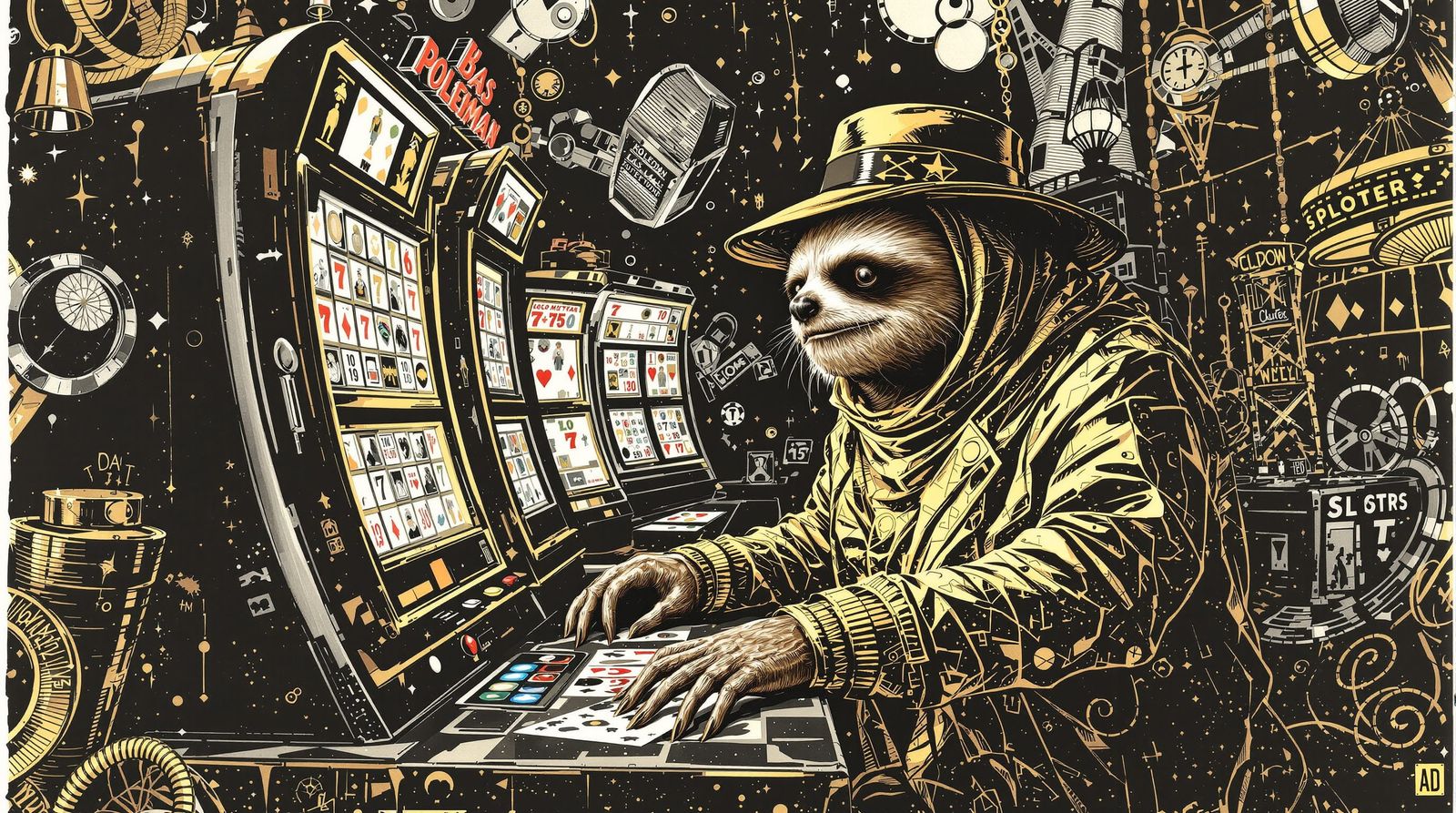 Lady Sloth in Las Vegas as Old Woman in Gold Foil