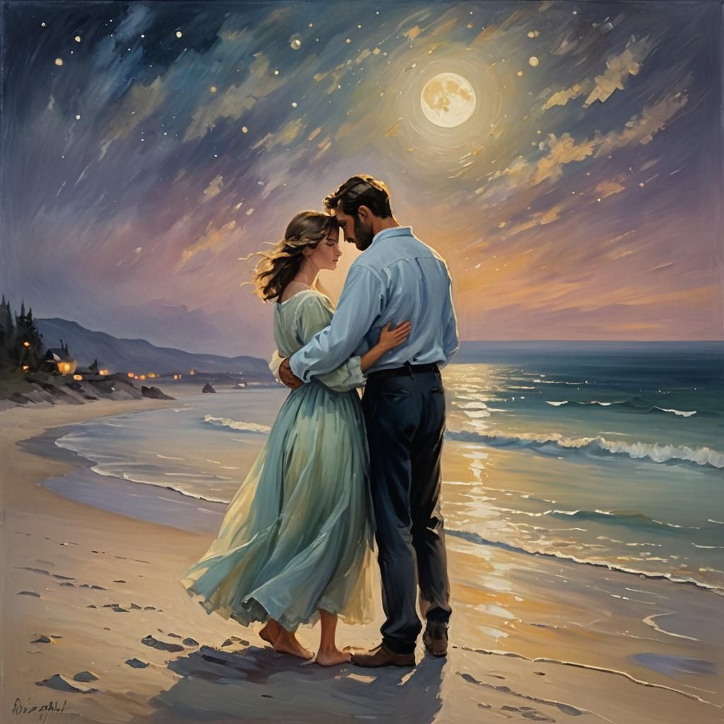 Loving Couple Embracing on Moonlit Beach as Impressionist Oi...