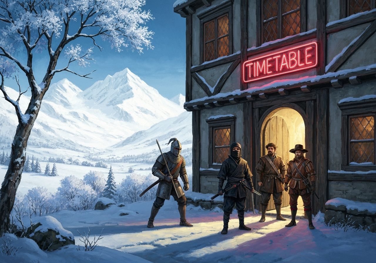 Warriors Emerge from Inn in Snowy Landscape Oil Painting