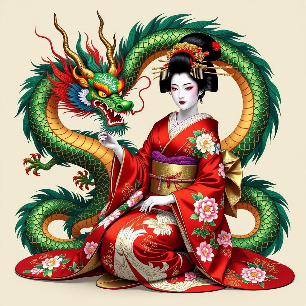 Geisha and Dragon in Ukiyo-e Style