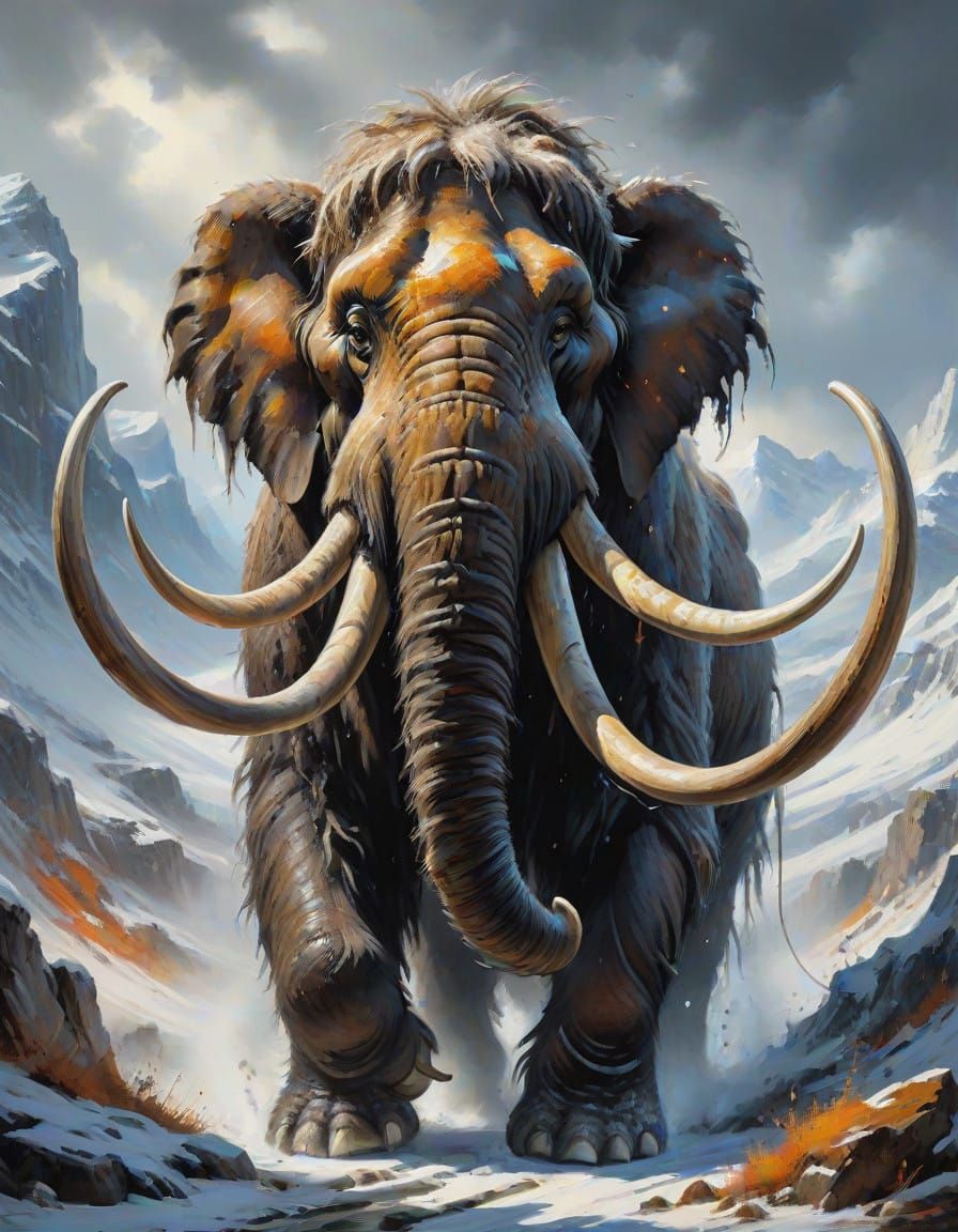 A Wolly mammoth sharp, detailed, rough textures, splash art, oil canvas, 8k, sharp, very detailed, high resolution, Luis...