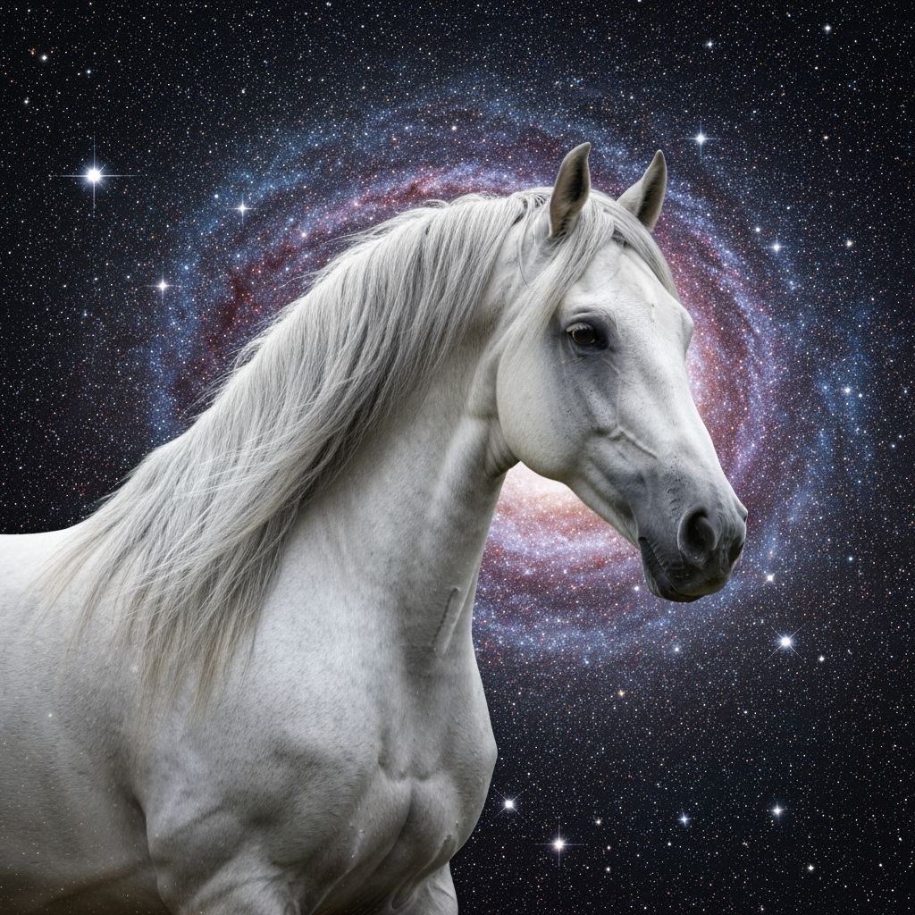 Majestic White Horse in Starry Nebula Double Exposure