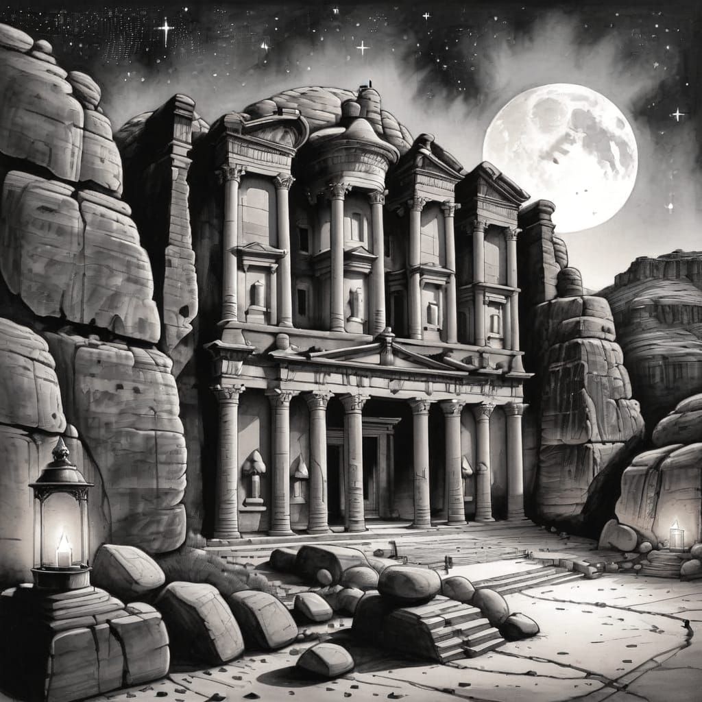 Petra Jordan Under Moonlight: Ink Drawing