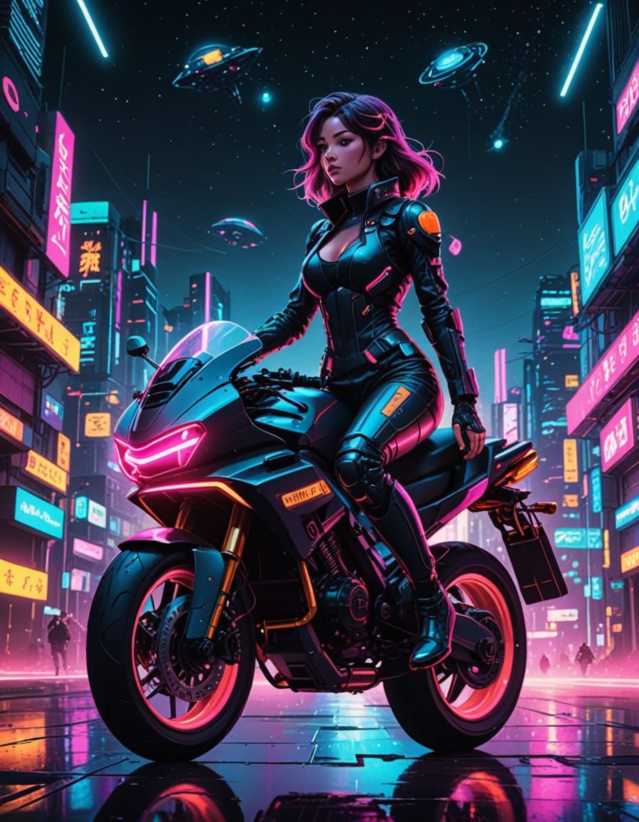 Woman on Space Hoverbike in Neon Sci-Fi Art