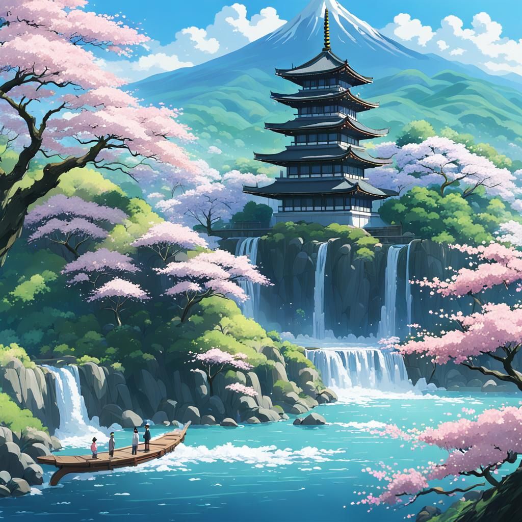 Japanese Landscape with Pagoda in Anime Style