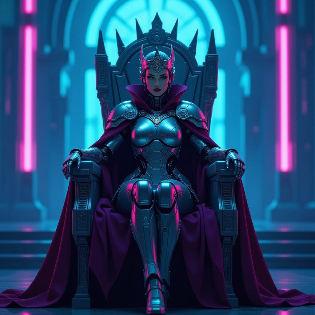Cyborg Queen in Futuristic Neon-Lit Palace