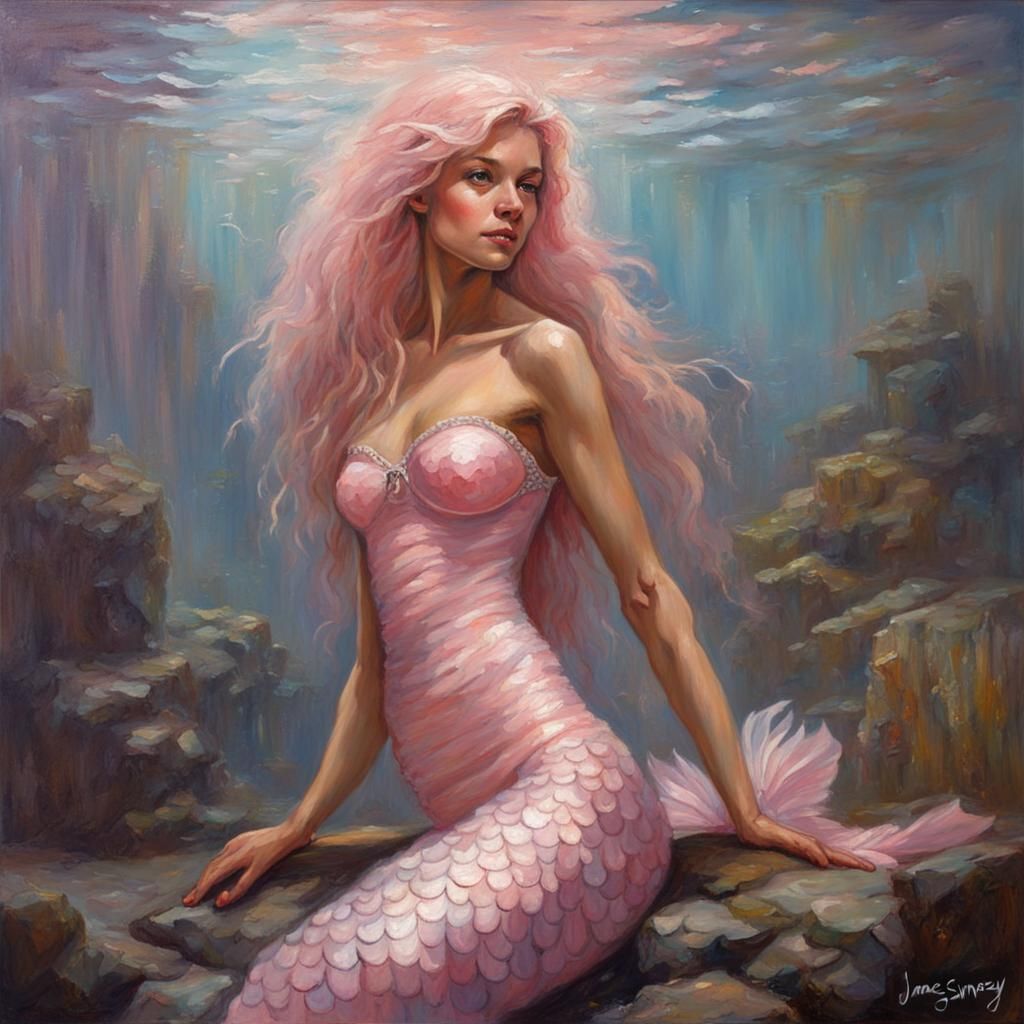 Light Pink Mermaid in Oil Painting Style