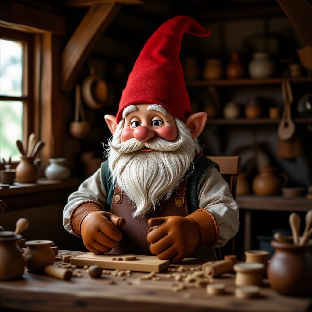Gnome Craftsman Making Toys in Cozy Workshop