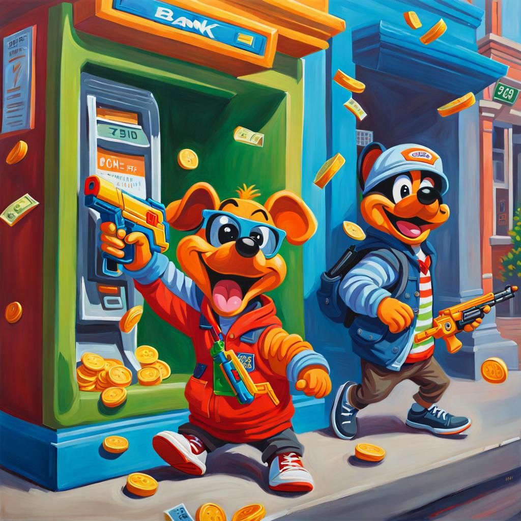 Comedic Bank Robbery with Nerf Gun in Oil Painting