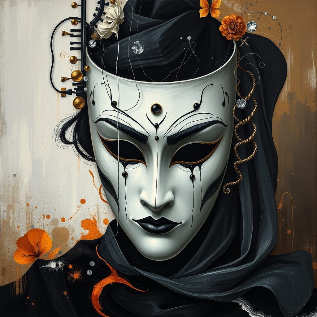 Vibrant Venetian Mask in Oil Paint, Swirling Music Notes and...