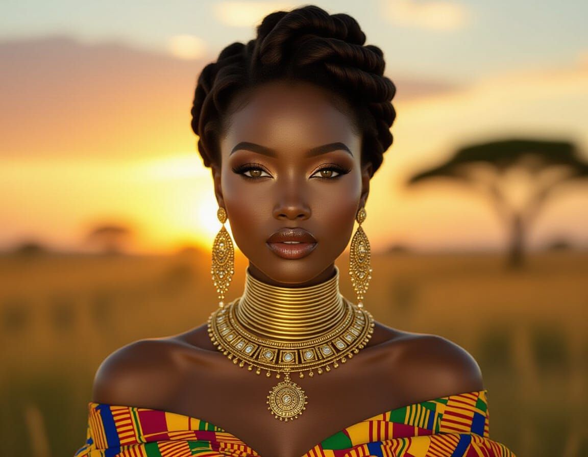 Regal African Woman in Kente Dress at Sunset