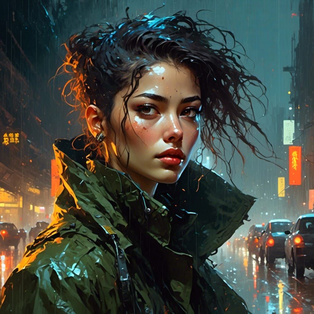 Cyberpunk Portrait of a Woman in the Rain