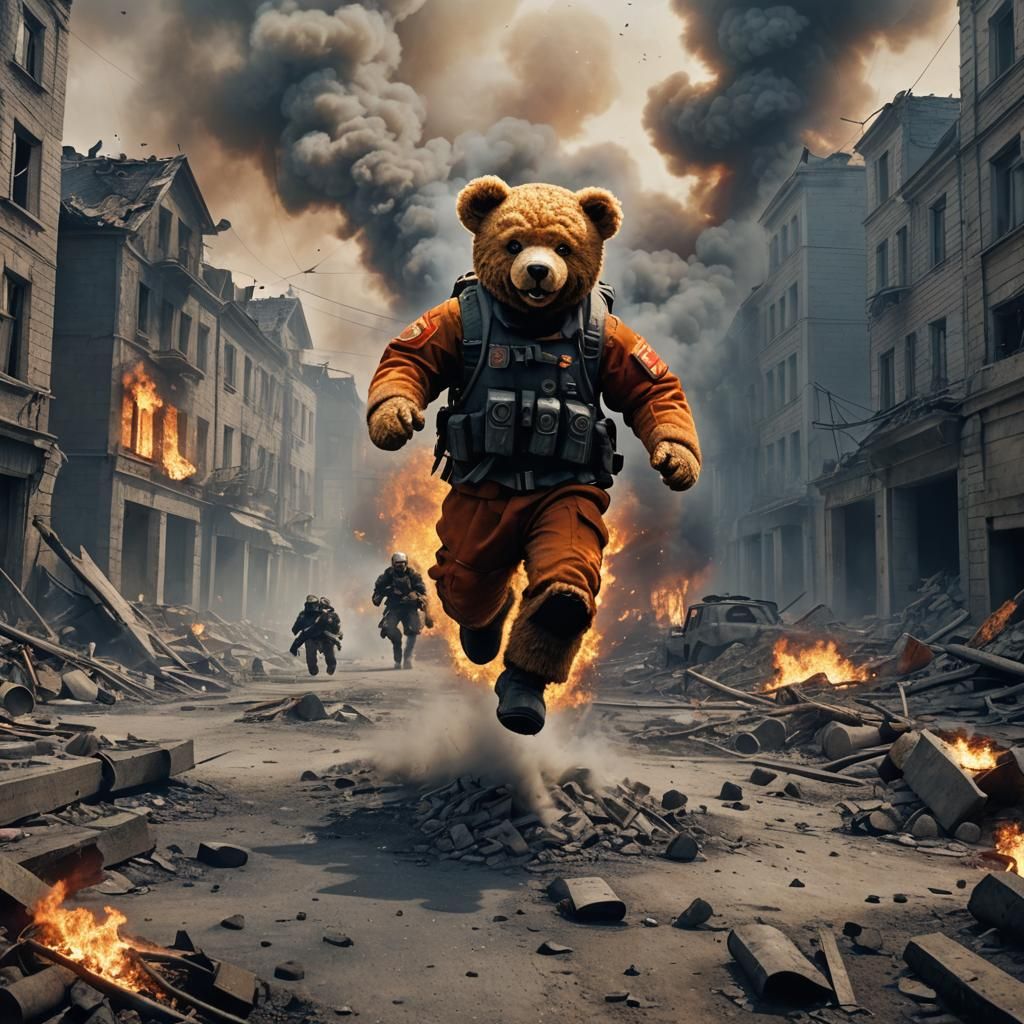 Burning Teddy Bear Runs Through Dystopian Russia