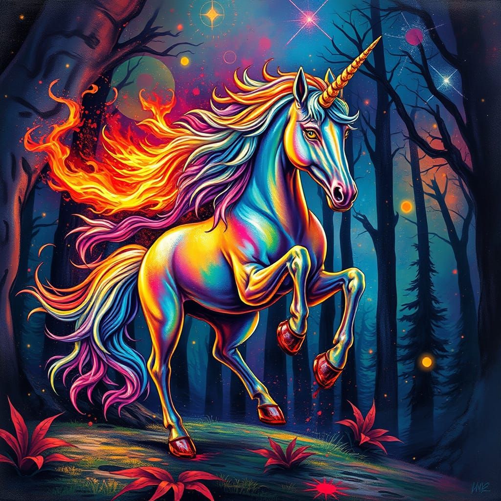 Mythical Cosmic Unicorn in Vibrant Graffiti Style