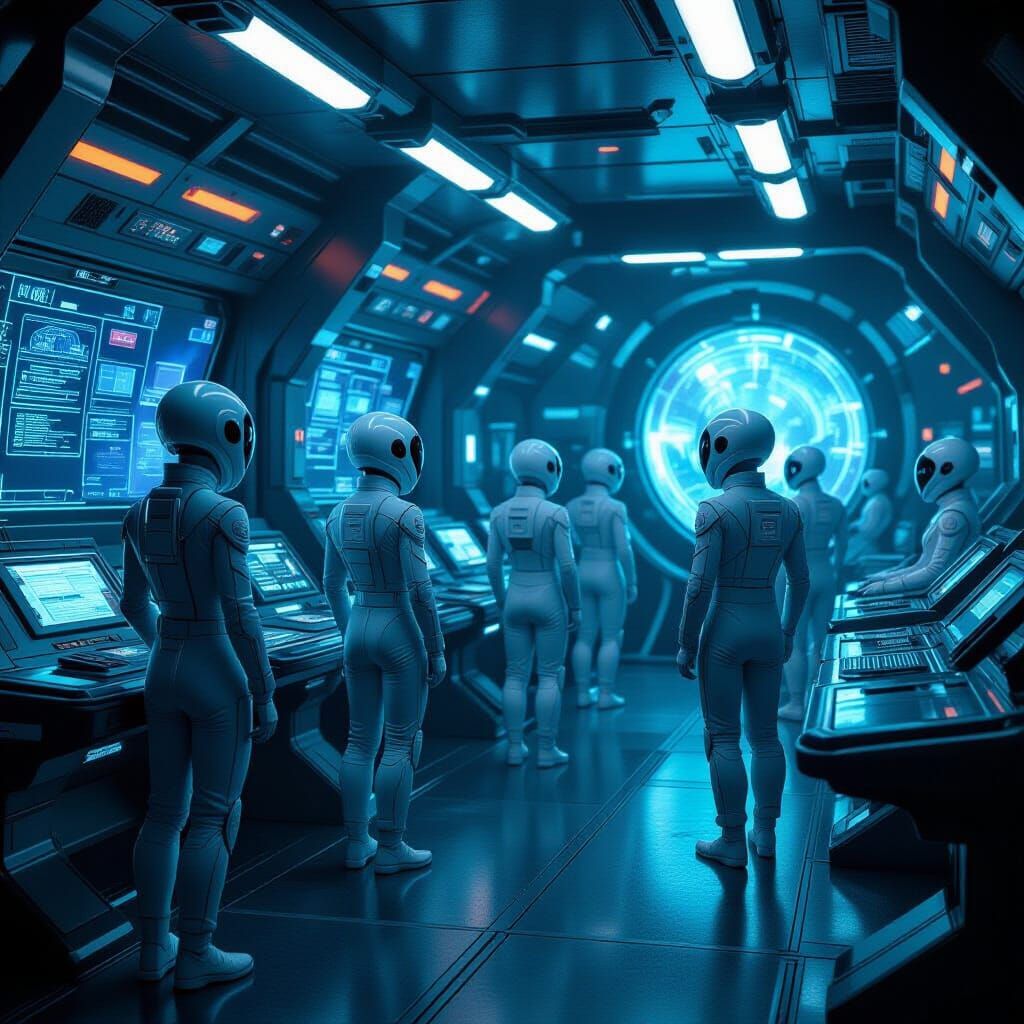 Aliens Navigate Spaceship Command Bridge in Industrial Style