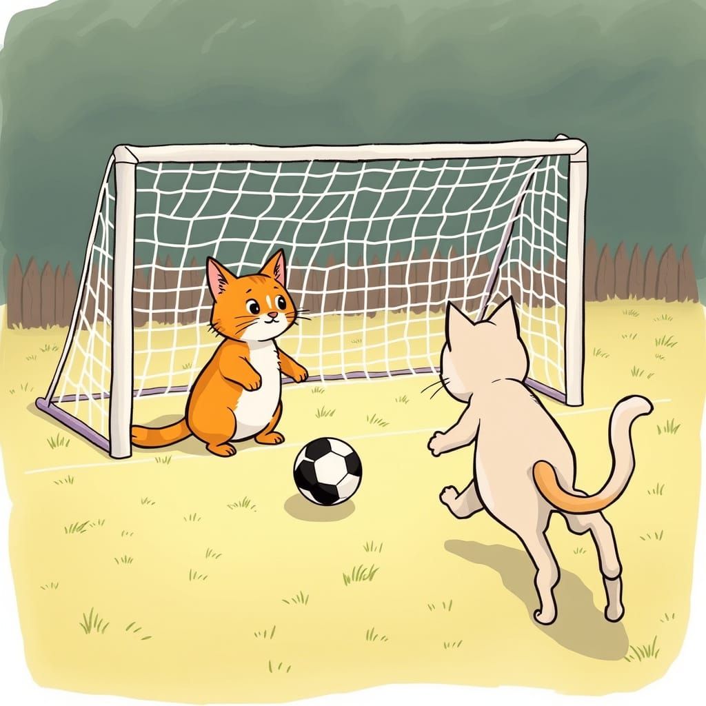 Cartoon Cats Play Soccer Penalty Kick