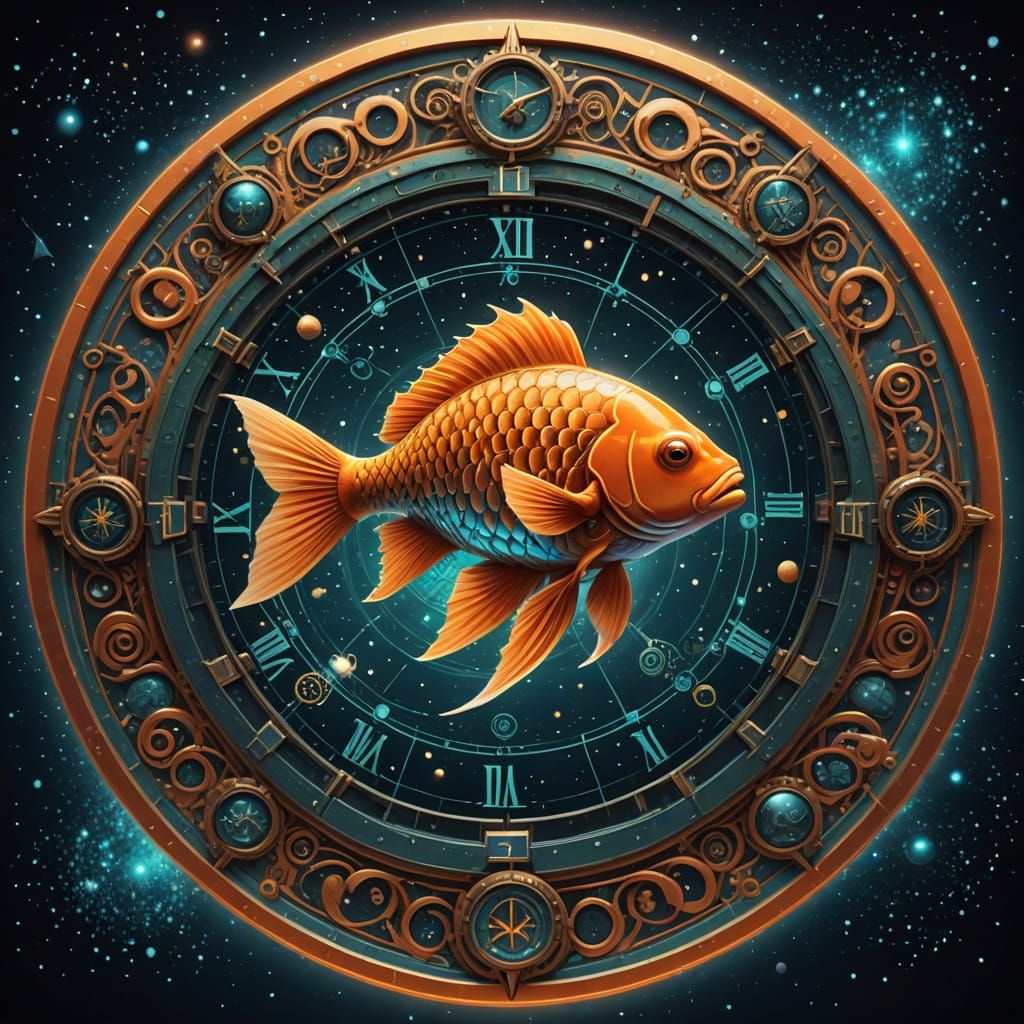 Stylized Orange Fish in Cosmic Zodiac Wheel