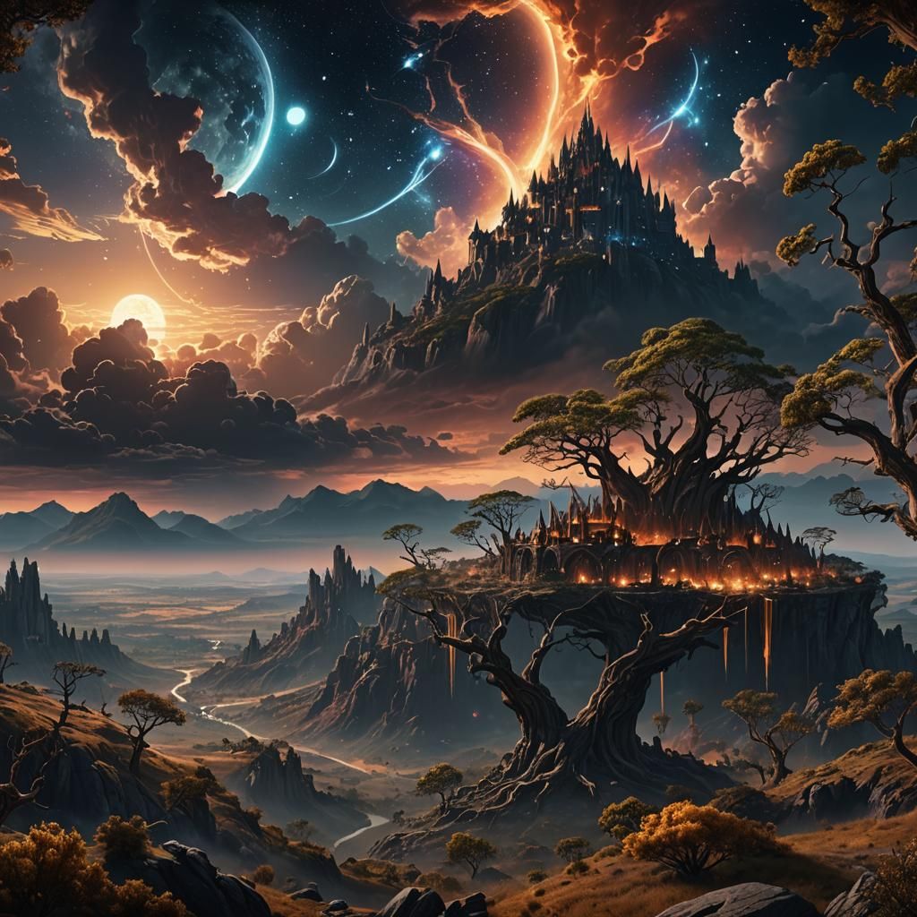 Majestic Landscape with Glowing Celestial Bodies