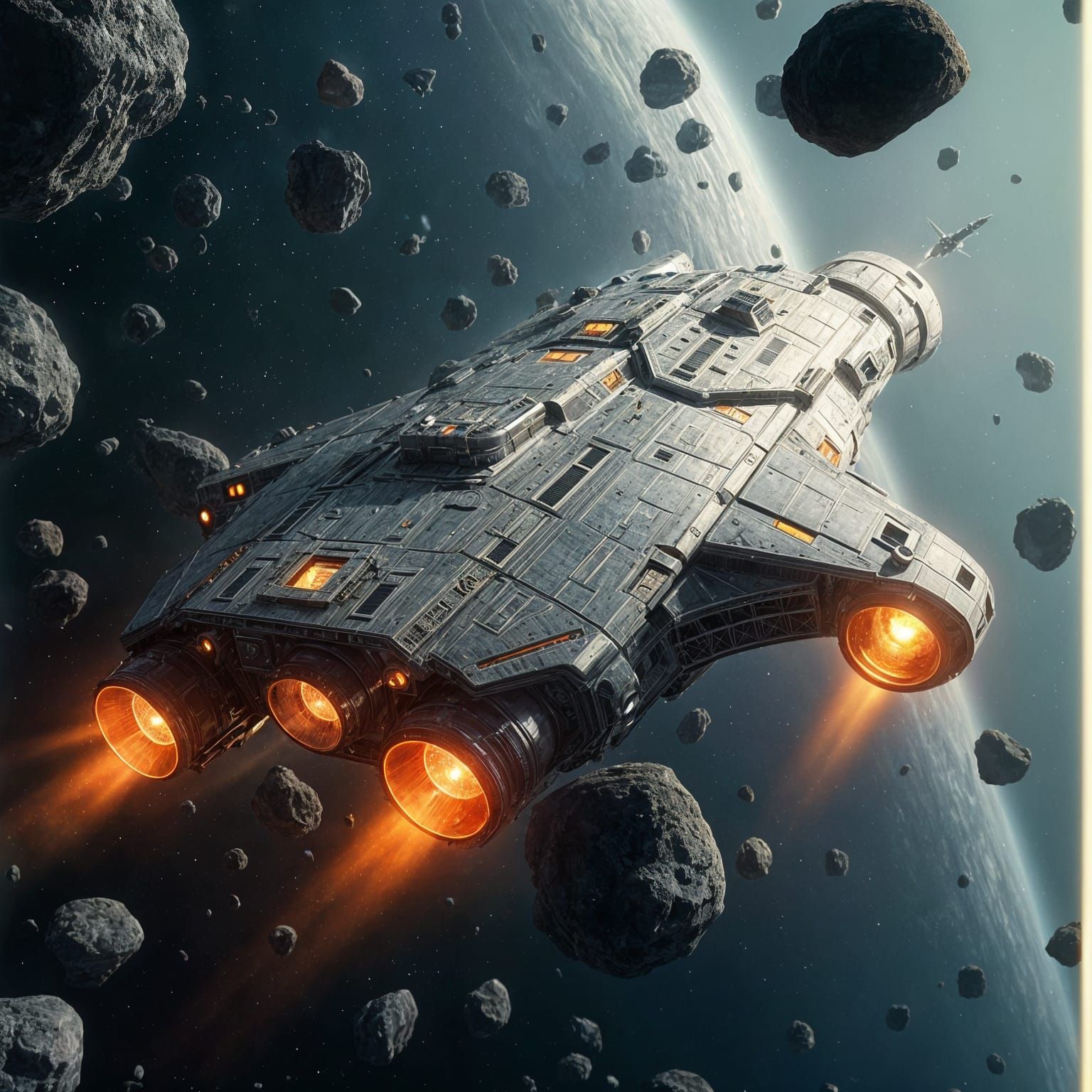 Giant Sci-Fi Spaceship Explores Asteroid Belt