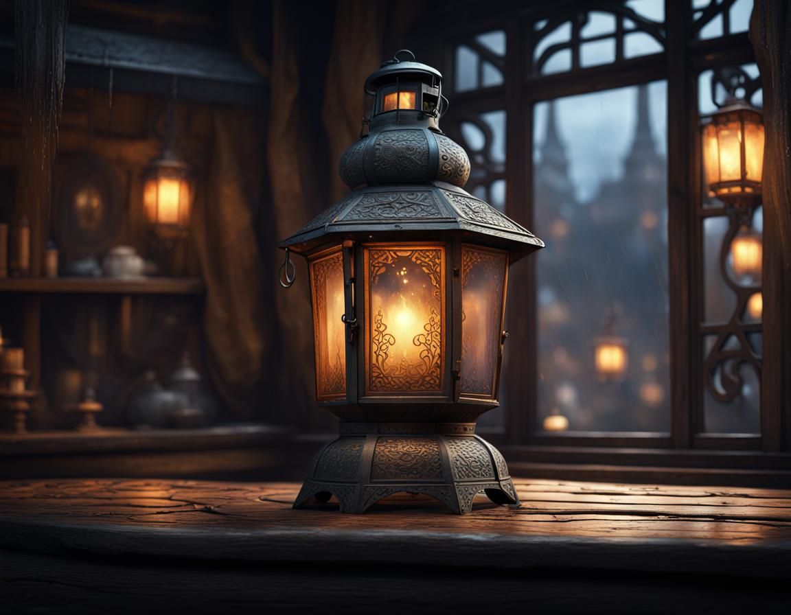 Illuminated Antique Lantern on Rainy Street