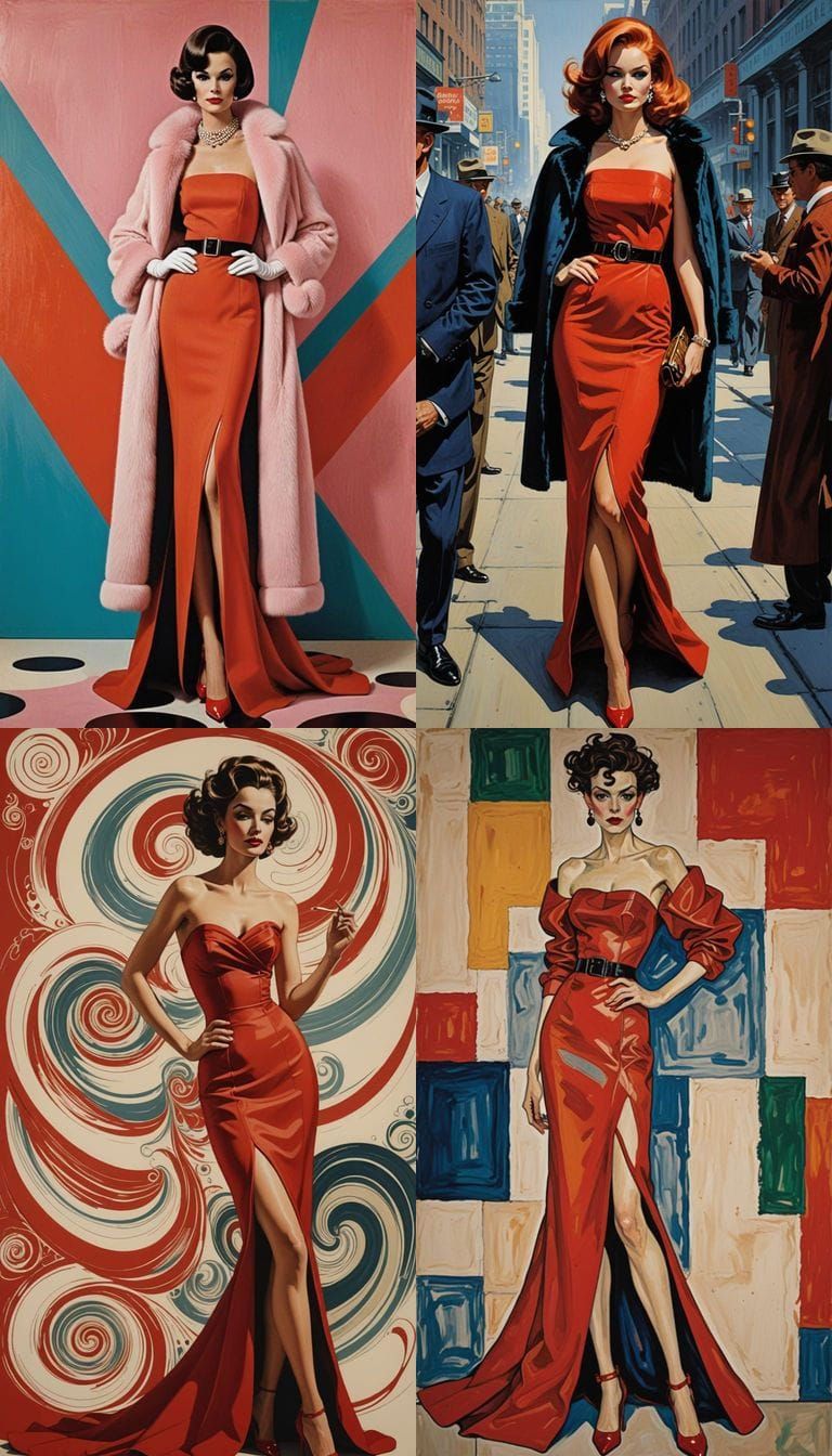 Sophisticated 1960s Pin-Up Girl in Red Evening Gown