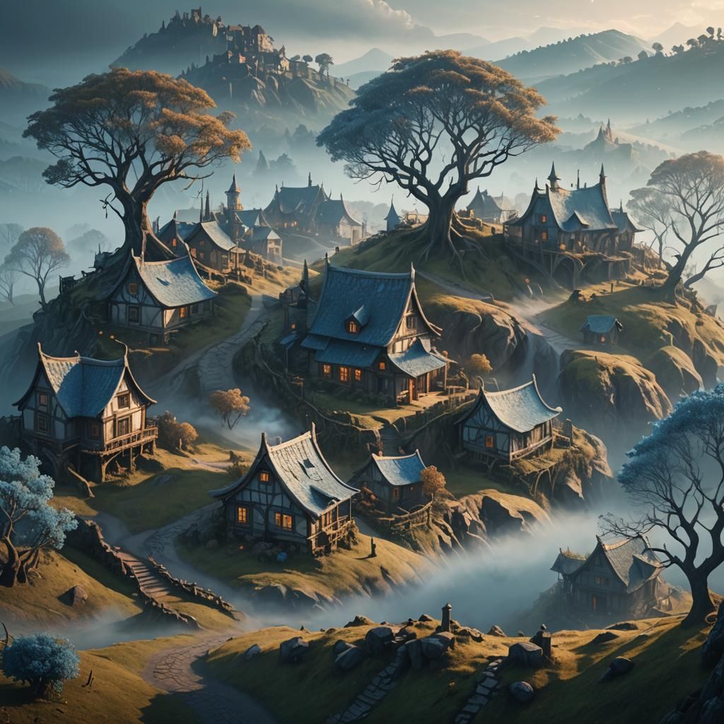 Mystical Village on a Hill: Fantasy Concept Art