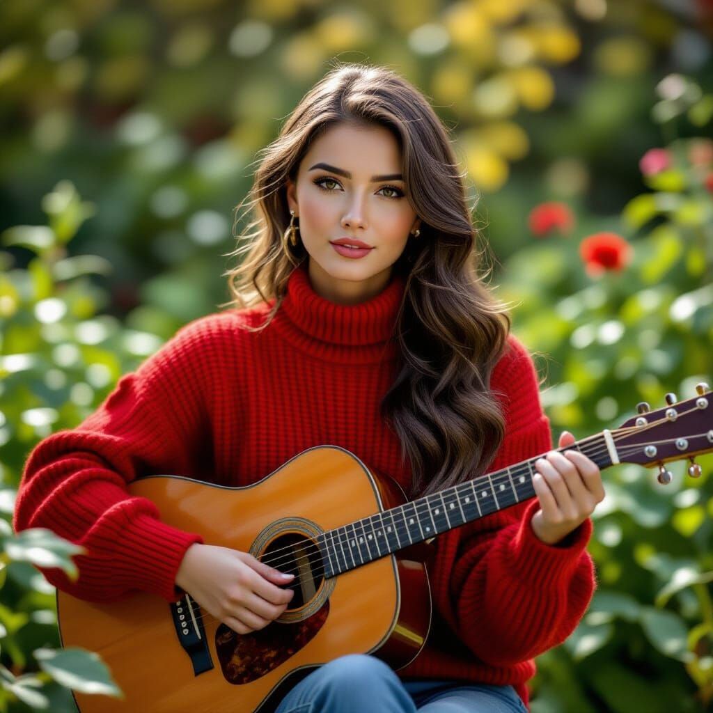Woman Playing Guitar in Garden, Ultra-Realistic Portrait