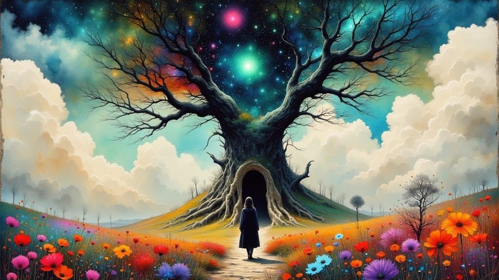 Ethereal Traveler Gazing at Ancient Tree