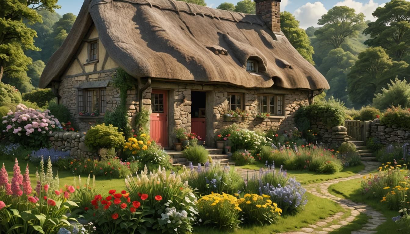 Alluring Women in a Vibrant Landscape with Cottage