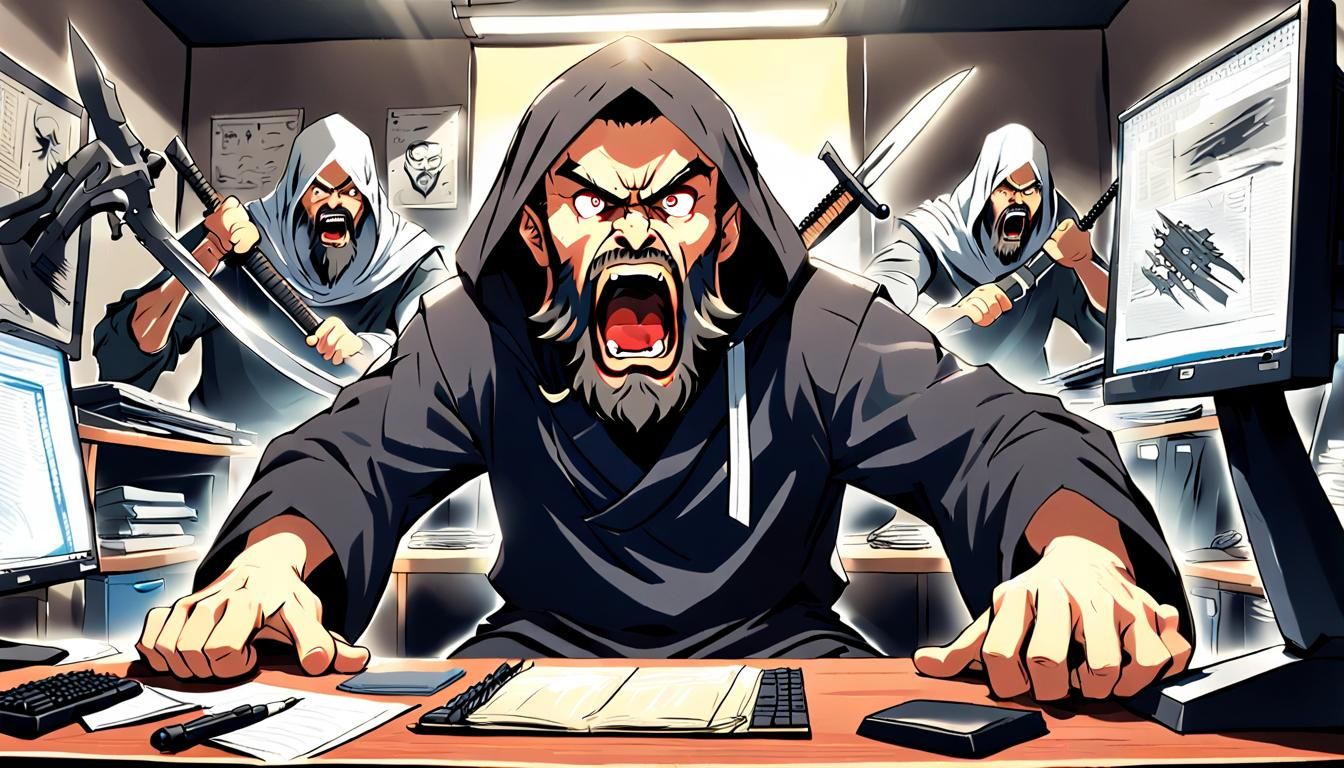 Humorous Anime Illustration of an Angry Man with Knife