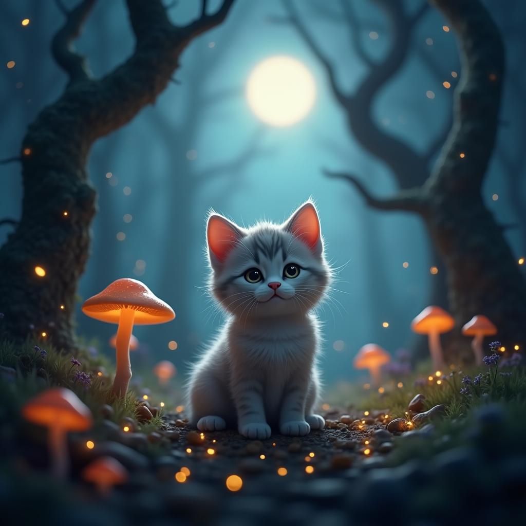 Kitten in Moonlit Forest: Realistic Matte Painting