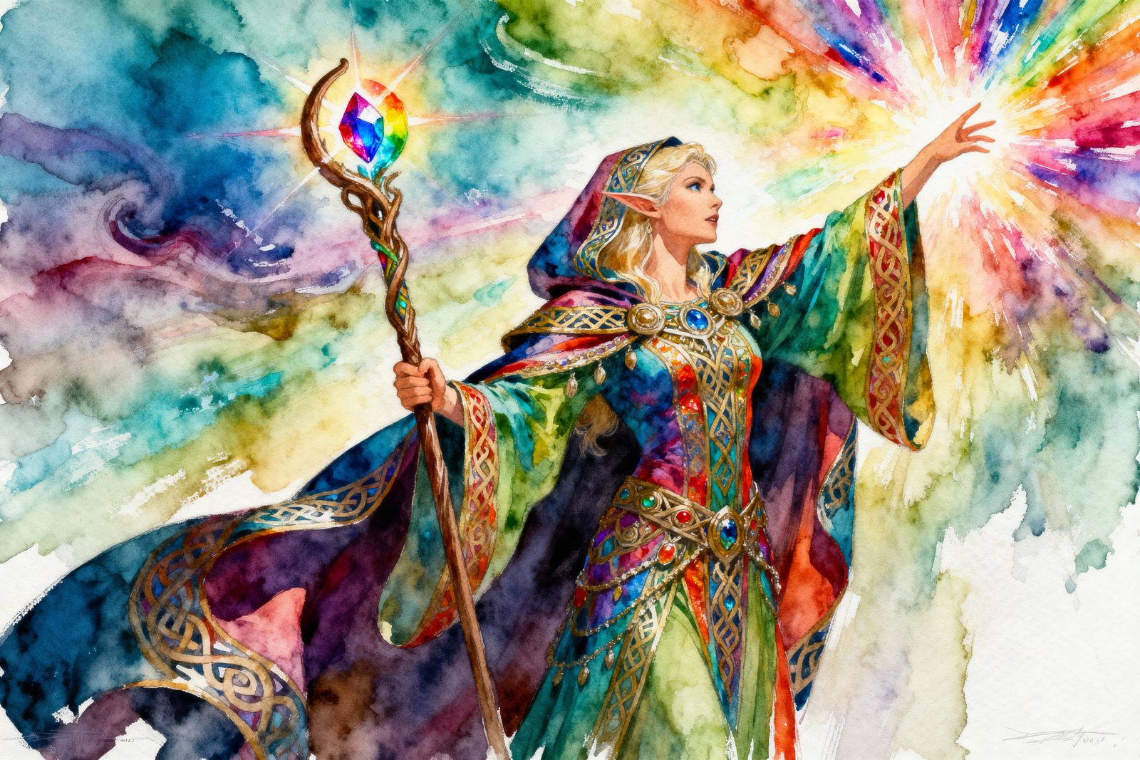 Elven Sorceress Casting Rainbow Energy