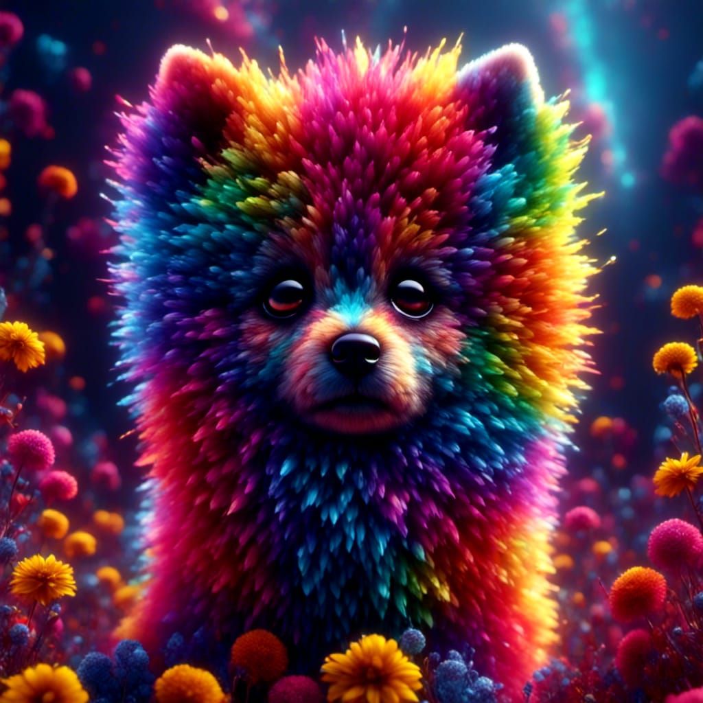 Rainbow Puppy Inside Flower in Retrowave Style