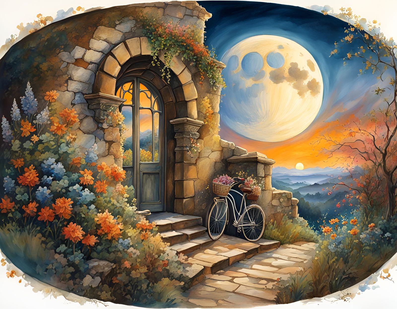 Moonrise over Eroding Stone Wall: Art Nouveau Rococo Archite...