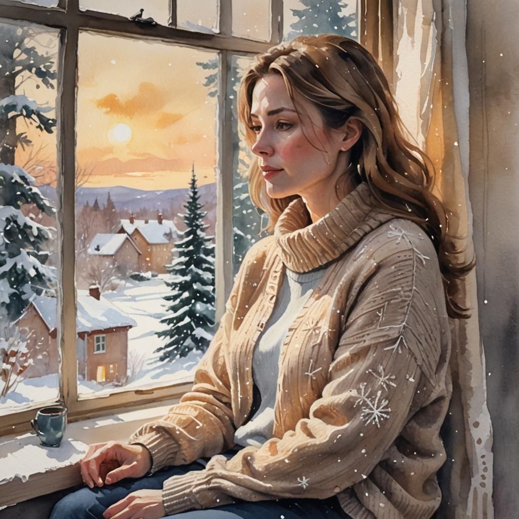 Cozy Woman Gazing at Winter Landscape in Gouache Style