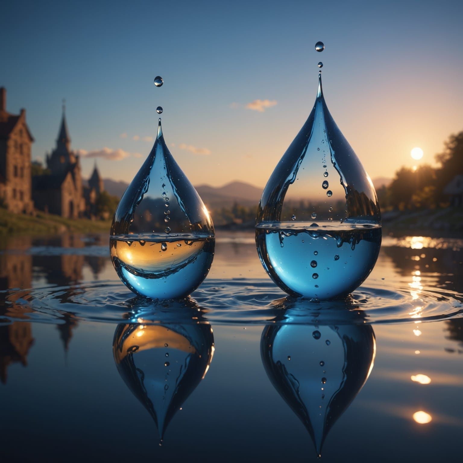 Surreal Water Droplet in Golden and Twilight Blue