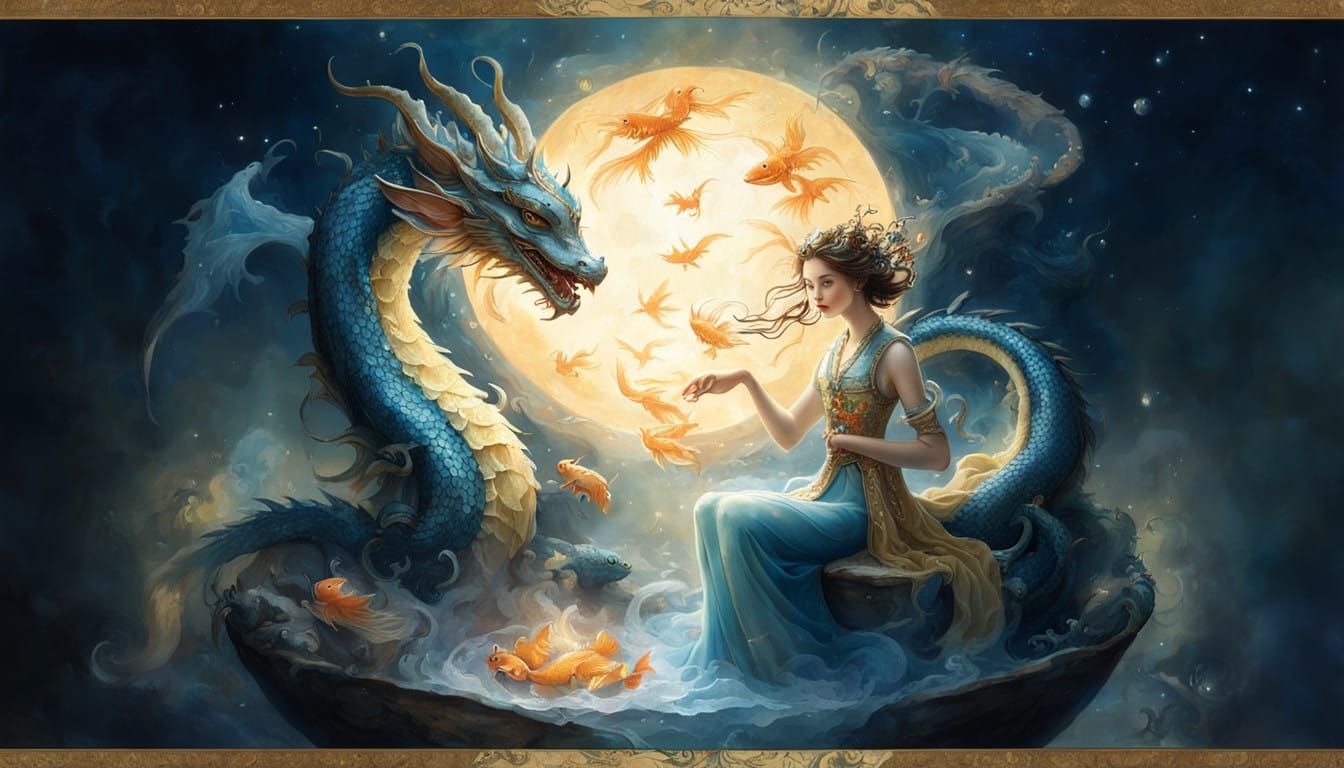 Maiden Surrounded by Majestic Dragons in Whimsical Watercolo...