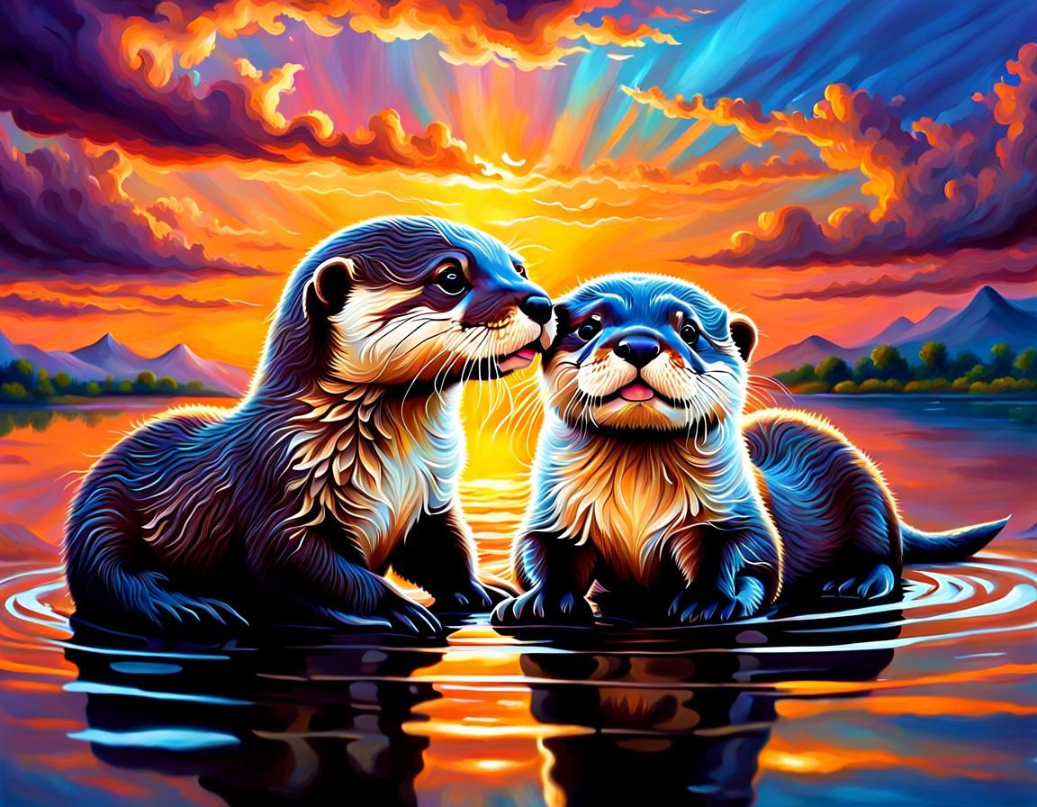 Cute Baby Otters Playing Under a Spectacular Sky