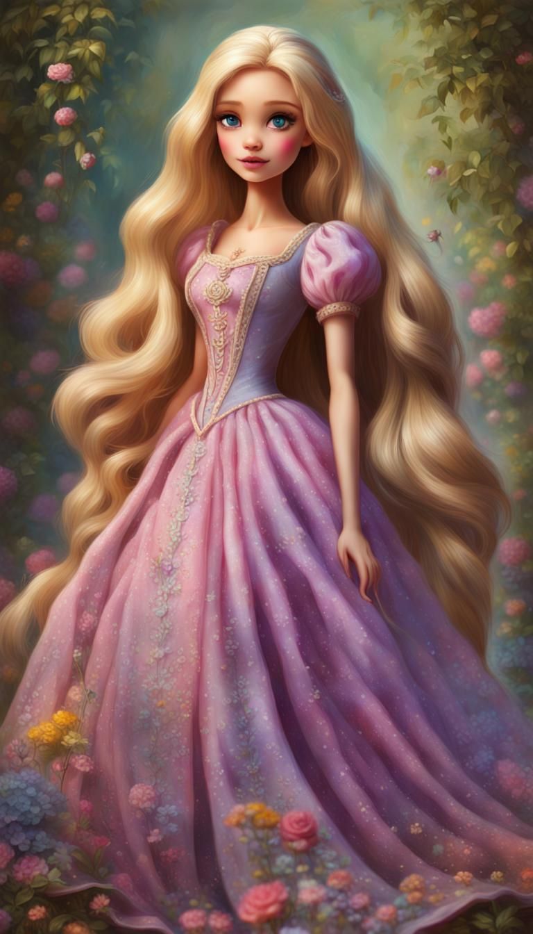 Rapunzel Barbie Doll: Realistic Anime Oil Painting