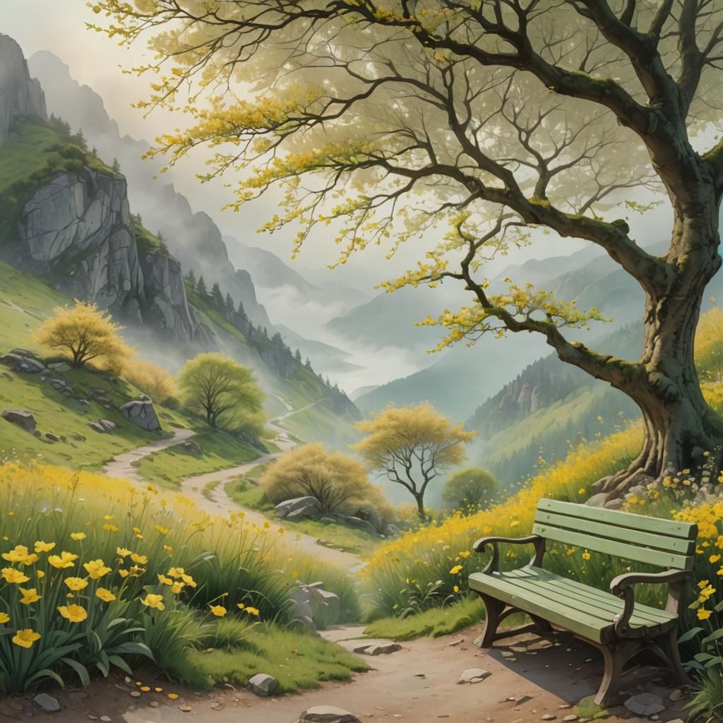 Bench on Mountain Path in Pastel Colors