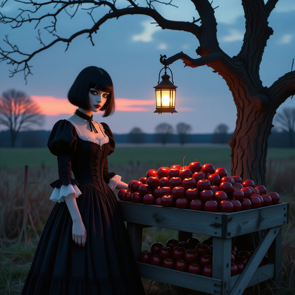 Gothic Girl with Apples in Dramatic Dusk