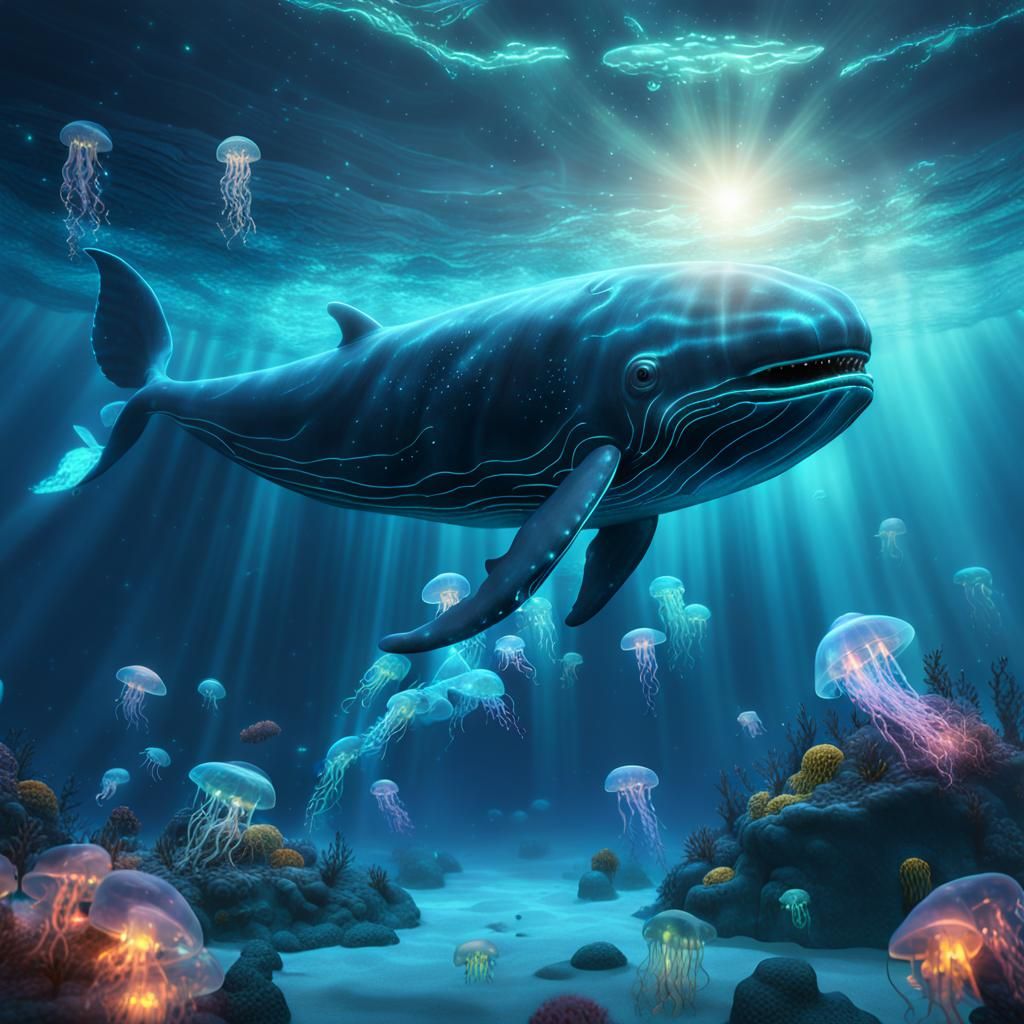 Underwater view of a huge fantastical glowing transparent gl...