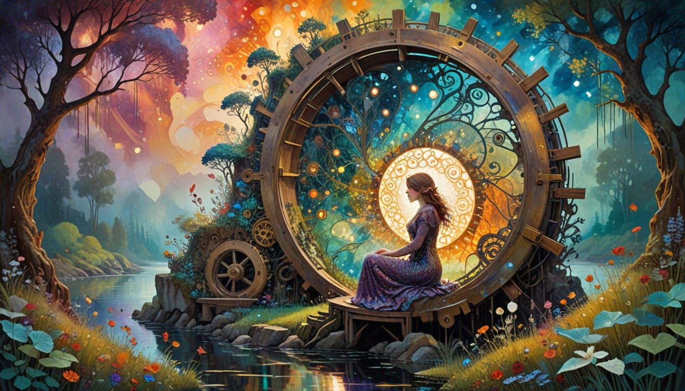 Surrealist Bio Art: Mystic Amidst Whirling Waterwheel