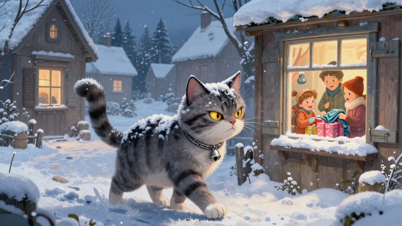 Snowy Yule Cat with Ember Eyes Stalks Village