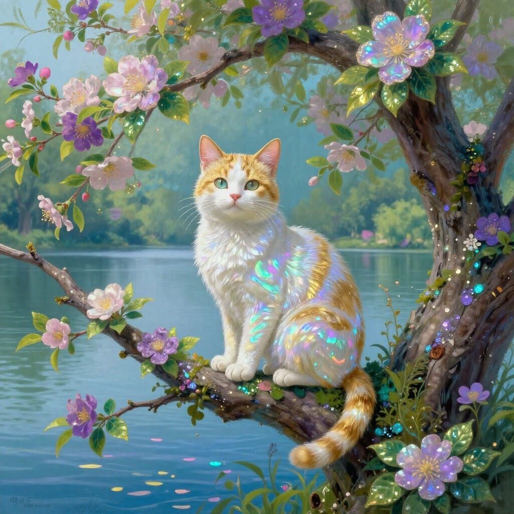 Regal Calico Cat on Shimmering Branch Overlooking Lake