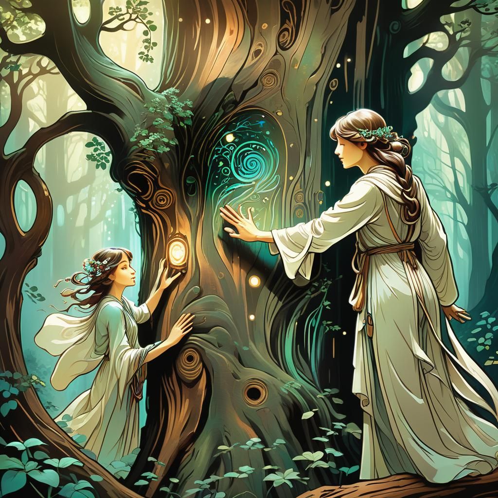 knocking on an ancient wooden tree in a magical forest