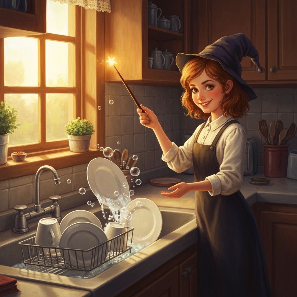 Young Witch Magically Cleans Kitchen in Painterly Style